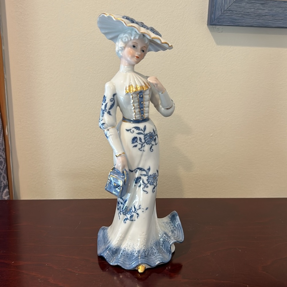 Vintage KPM Style Porcelain Lady Figurine Blue & White Floral